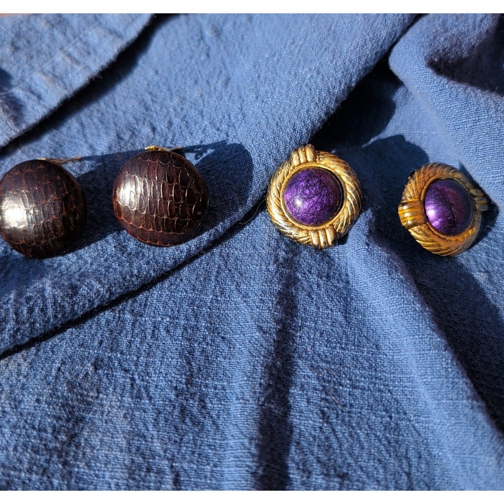 Earring Lot of 2 Pairs Retro Clip Ons - Faux Leather and Bright Purple & Gold